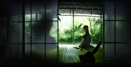 Anime-style digital art HD wallpaper depicting a serene scene with a girl sitting on a wooden floor by an open door, viewing a lush green garden, accompanied by a cat.