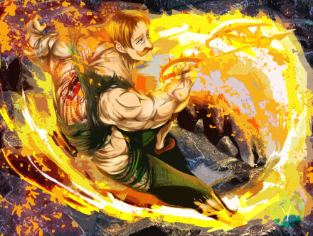 HD desktop wallpaper featuring Escanor from the anime The Seven Deadly Sins in a dynamic pose with a fiery background.