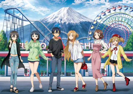 A vibrant HD desktop wallpaper featuring Kazuto Kirigaya, Keiko Ayano, Suguha Kirigaya, Lisbeth, Shino Asada, Asuna Yuuki, and Kirito from Sword Art Online: Alicization, set against a theme park backdrop with a mountain.