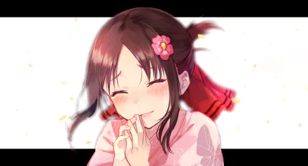 HD desktop wallpaper featuring Kaguya Shinomiya from the anime Kaguya-sama: Love is War, smiling with a pink flower in her hair.