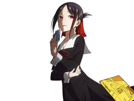 HD PC desktop wallpaper featuring Kaguya Shinomiya from the anime Kaguya-sama: Love is War, showcasing her confident pose with a card in hand.