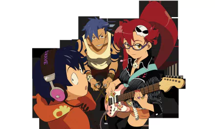 HD PC desktop wallpaper featuring anime characters Simon, Kamina, and Yoko Littner from Tengen Toppa Gurren Lagann in a dynamic group pose.