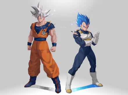 4K Ultra HD wallpaper featuring Goku in Ultra Instinct form and Vegeta in Super Saiyan Blue from Dragon Ball Super standing confidently side by side.
