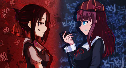 HD anime desktop wallpaper featuring Chika Fujiwara and Kaguya Shinomiya from Kaguya-sama: Love is War, showcasing contrasting light and dark backgrounds.