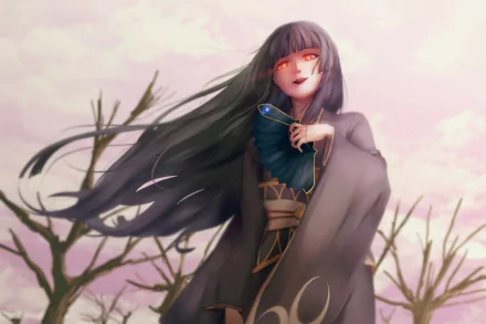 HD anime wallpaper featuring Glass from The Rising of the Shield Hero, depicted with flowing dark hair and a soft pink sky background.