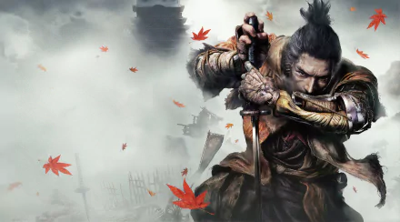 HD wallpaper of Sekiro: Shadows Die Twice featuring a warrior in traditional armor amidst falling red leaves and a misty background with ancient structures.