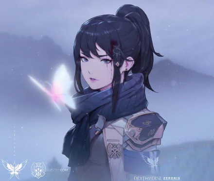 HD anime-style original artwork of a contemplative girl with dark hair and armor, surrounded by a soft, snowy background and a glowing butterfly, designed as a PC desktop wallpaper.