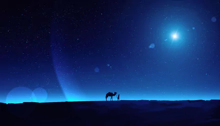 Anime-style HD desktop wallpaper depicting a camel and a person under a vivid starry night sky with a bright celestial glow.