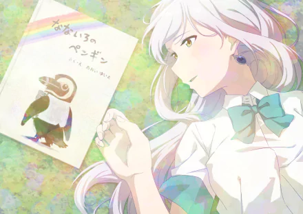 HD PC desktop wallpaper featuring Hitomi Tsukishiro from the anime Iroduku: The World in Colors, holding a penguin-themed book with soft, pastel-like colors.