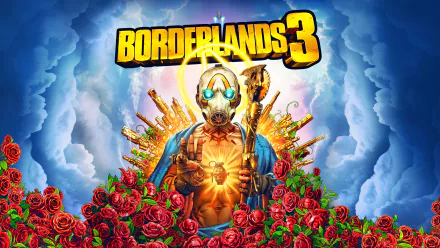 HD desktop wallpaper featuring Borderlands 3, with the iconic masked character surrounded by red roses and blue sky in the background.