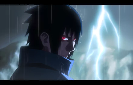 Sasuke Uchiha from Naruto, featuring the iconic Sharingan. This striking HD wallpaper showcases the Uchiha Clan with a dramatic backdrop of rain and lightning.