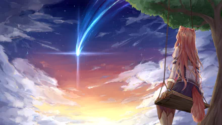 An anime character with brown hair, identified as Raphtalia from The Rising of the Shield Hero, gazes at a sunset sky with a comet streaking through the clouds. She sits on a swing under a tree.