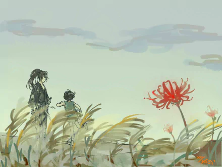HD PC desktop wallpaper of Hyakkimaru (Dororo) and Dororo (character) from the anime Dororo, standing in tall grass beside a red spider lily beneath a pale, cloudy sky.