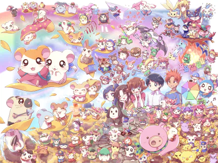 HD desktop wallpaper featuring an anime scene from Hamtaro, showcasing colorful and whimsical characters in a vibrant, playful design.