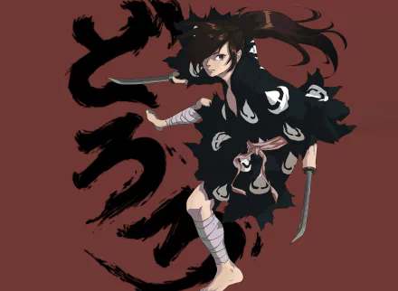Hyakkimaru from Dororo in anime style, poised with twin blades amid black ink swirls on a red background — 4K Ultra HD PC desktop wallpaper and background.