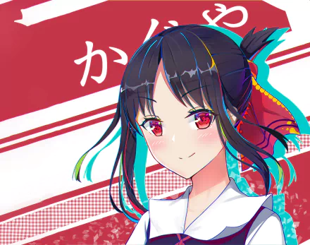 Kaguya Shinomiya from the anime Kaguya-sama: Love is War is featured in this vibrant HD desktop wallpaper, showcasing her striking colors and captivating expression.