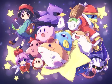 HD PC desktop wallpaper featuring Kirby and other colorful characters from the video game series, surrounded by stars in a vibrant, whimsical scene.