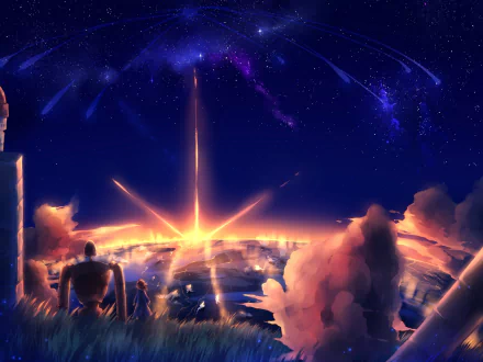 HD anime desktop wallpaper: Laputa-inspired sunset sky with a radiant starburst above a floating city, silhouetted robot and watching figures.