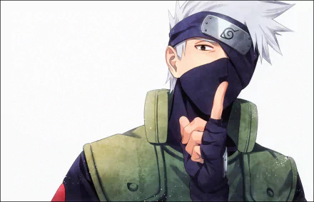 HD desktop wallpaper of Kakashi Hatake from the anime Naruto, showing him in his signature ninja attire with a headband and mask, raising a finger to his lips.