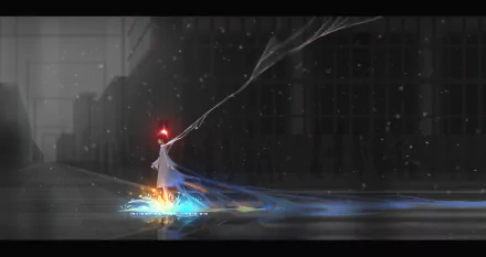 HD anime original desktop wallpaper featuring a glowing figure standing on water, emitting vibrant blue and orange light trails in a dark, rainy urban setting.
