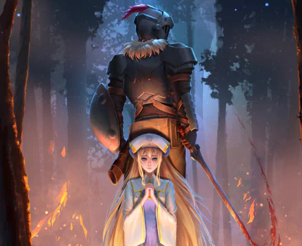 HD PC wallpaper of Priestess from Goblin Slayer: anime-style scene with her kneeling, hands clasped in prayer as an armored warrior stands behind amid a smoldering forest.