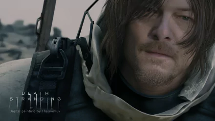 HD PC desktop wallpaper of Sam Porter Bridges from the video game Death Stranding — close-up of a weathered courier in a hood and pack against a muted, desolate landscape.