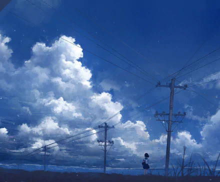 HD anime-style desktop wallpaper featuring a vivid blue sky with fluffy white clouds and utility poles silhouetted against the bright backdrop.