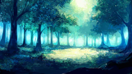 HD anime forest scene with sunlight filtering through dense trees, showcasing vibrant green foliage and a serene atmosphere for a PC desktop wallpaper background.