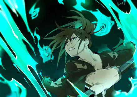 HD PC desktop wallpaper featuring Hyakkimaru from the anime Dororo, depicted in a dynamic pose with glowing blue flames surrounding him.