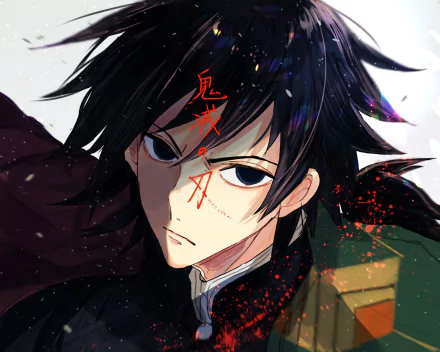 HD PC desktop wallpaper featuring Giyuu Tomioka from the anime Demon Slayer: Kimetsu no Yaiba, with intense expression and dynamic dark tones.