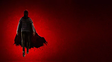 Menacing cloaked figure from the movie Brightburn hovers against a blood-red textured backdrop — 8K Ultra HD PC desktop wallpaper/background