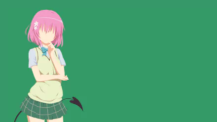 4K Ultra HD PC wallpaper of Momo Velia Deviluke (To Love-Ru: Darkness): short pink hair, school uniform and small devil tail against a solid green background.