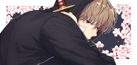 HD PC desktop wallpaper featuring Okita Sougo from the anime Gintama, showcasing him in a dark outfit with a serious expression against a floral background.