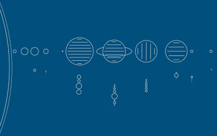 Minimalist sci-fi HD desktop wallpaper featuring a stylized solar system with simple, linear planet designs on a deep blue background.