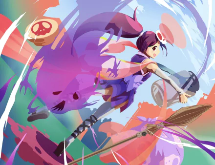 Vibrant HD PC desktop wallpaper of Elucia de Lute Ima from The World God Only Knows: dynamic anime pose with broom, swirling purple spirit and colorful brushstroke background.