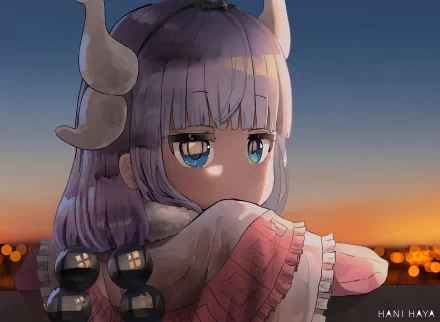 HD PC desktop wallpaper featuring Kanna Kamui from the anime Miss Kobayashi's Dragon Maid, showcasing her with a serene sunset backdrop.