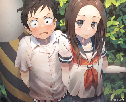 HD anime desktop wallpaper featuring Nishikata blushing nervously and Takagi smiling confidently from Teasing Master Takagi-san, set against a leafy background.