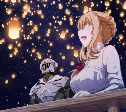 HD anime desktop wallpaper featuring Guild Girl and Goblin Slayer from the Goblin Slayer series, surrounded by glowing floating lanterns against a night sky.