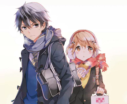 HD PC wallpaper featuring Kojuro Shuri and Masamune Makabe from the anime Masamune-kun's Revenge, showcasing their winter attire and distinct expressions.