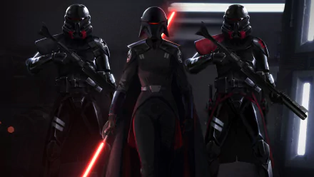 HD desktop wallpaper featuring Second Sister from Star Wars Jedi: Fallen Order, flanked by two stormtroopers, all wielding weapons with the Second Sister holding a red lightsaber.