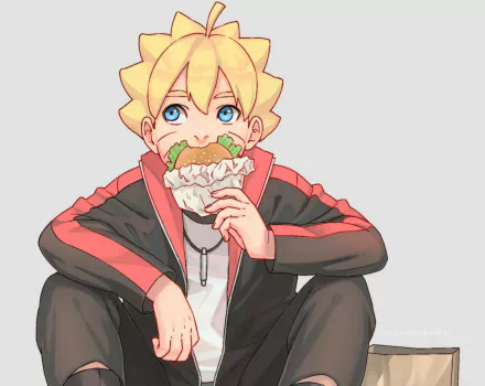 HD PC desktop wallpaper: Boruto Uzumaki from Boruto (anime) sits cross-legged in his black-and-red jacket, blue-eyed, biting into a rice ball background image.