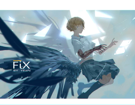 Anime-style original HD desktop wallpaper featuring a blonde character with short hair, striking blue eyes, and large dark wings against a bright, fragmented background.
