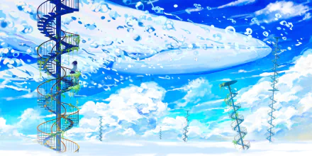 An HD anime-inspired wallpaper featuring a serene underwater scene with a large whale swimming beneath clouds, colorful spiraling structures, and bubbles in a vibrant blue background.
