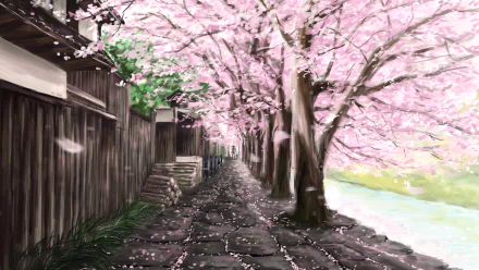 Anime-style HD PC desktop wallpaper featuring an original artwork of a tranquil path lined with blooming cherry blossom trees and traditional wooden fences.
