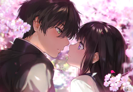Anime HD wallpaper featuring Eru Chitanda and Hōtarō Oreki from Hyouka, with a backdrop of blossoming cherry trees. The two characters gaze at each other intimately.
