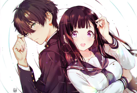 HD desktop wallpaper featuring Eru Chitanda and Hōtarō Oreki from the anime Hyouka, depicted in detailed, vibrant anime art style.