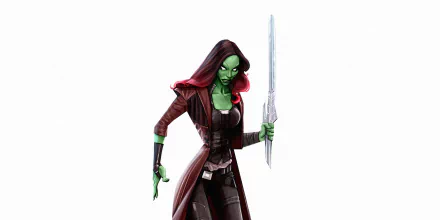 HD PC desktop wallpaper featuring Gamora from the Guardians of the Galaxy movie, showcasing her in a dynamic pose with a sword.