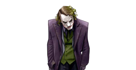 Stylized Joker (The Dark Knight) illustration in purple suit and green vest, smeared makeup and slouched pose on white background — 2K Quad HD PC desktop wallpaper/background.