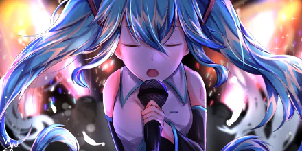 Vibrant 4K Ultra HD anime wallpaper featuring Hatsune Miku, the iconic Vocaloid, passionately singing into a microphone on stage with dynamic lighting and colorful effects.