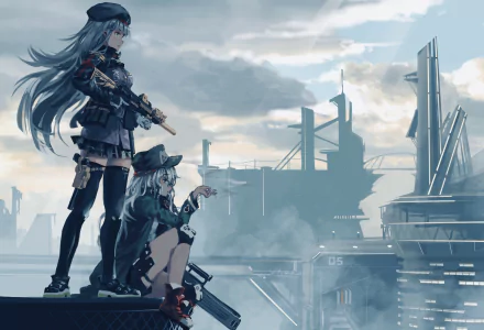 Two characters from the video game Girls Frontline, HK416 and G11, stand on a futuristic platform with a cloudy sky and industrial structures in the background. HD desktop wallpaper.